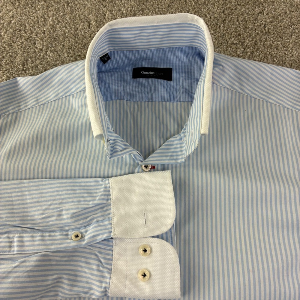 GaucheSport Vintage YSL Button Down Shirt Mens S Blue Stripe Slim Fit Luxury‎